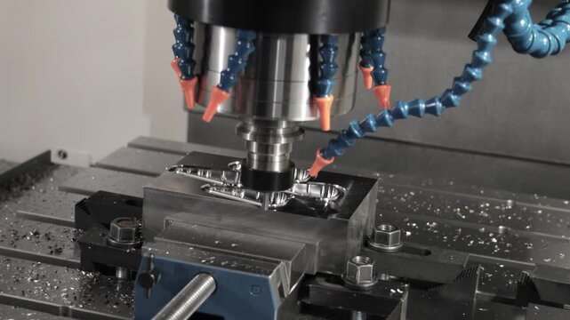 Industrial cnc milling machine carving steel mold in factory workshop with cooling system and metal chips.