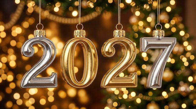 Golden and silver metallic numbers hanging as christmas ornaments for the year twenty twenty seven