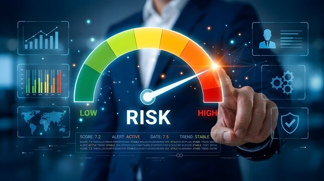 Businessman Analyzing High Risk Level Assessment on Digital Virtual Speedometer Dashboard Interface