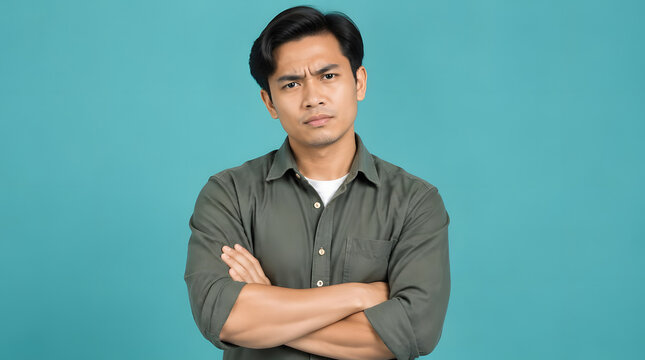 Young Asian man with serious expression and crossed arms.