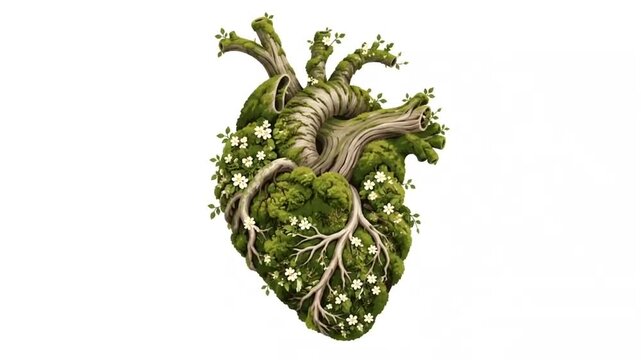 Anatomical human heart made of green trees branches and blooming flowers isolated on white background
