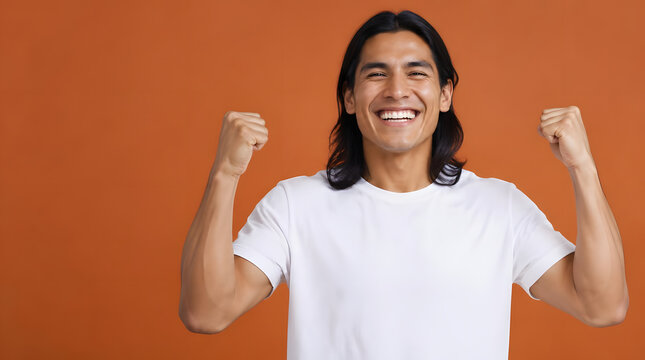 Joyful young man with long hair celebrating success with fists raised.