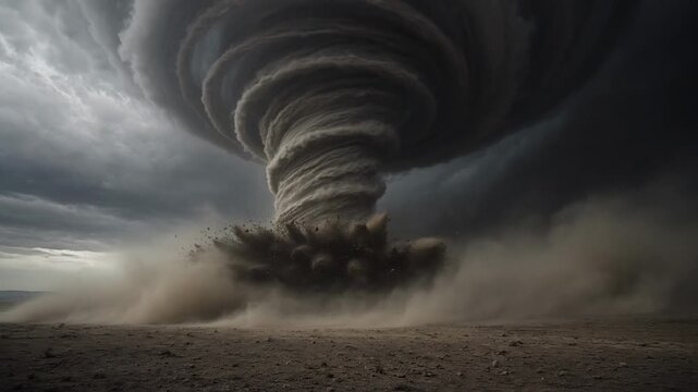Powerful Tornado Forming Over Dusty Landscape Under Dramatic Dark Clouds