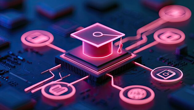 Digital Graduation Cap on Microchip Illustrating Online Education Technology.