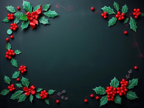 Chalkboard decorated with holly and festive elements, featuring red and green chalk drawings, snowflakes, wreaths