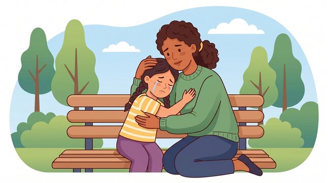 Mother comforting her crying young daughter while sitting together on a park bench outdoors.