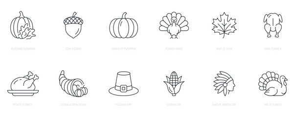 Harvest and Thanksgiving line icon collection. Editable stroke. Vector illustration. © iconFlow