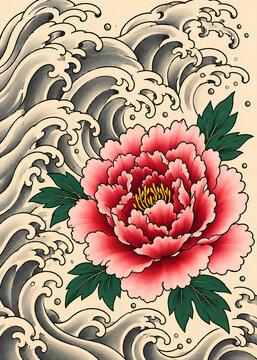 Japanese Irezumi Tattoo Style Peony with Waves Illustration