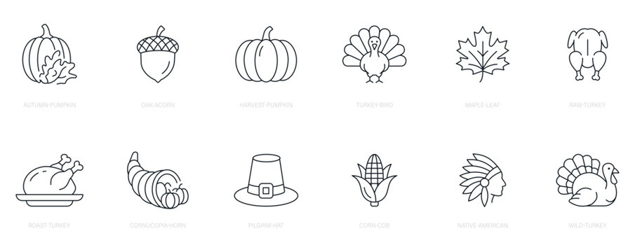 Harvest and Thanksgiving line icon collection. Editable stroke. Vector illustration.