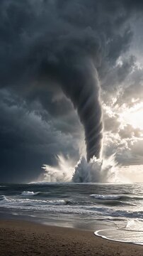 Powerful Tornado Forming Over the Ocean with Dramatic Clouds and Splashing Waves