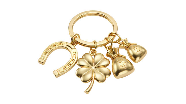 Shiny golden keychain with lucky charms including a four leaf clover horseshoe and small bells for good fortune and positive vibes