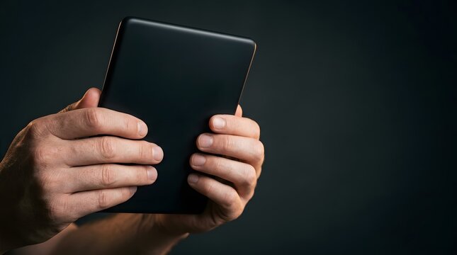 Close up of hands holding a black digital tablet or ebook reader on dark background