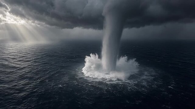 Powerful Waterspout Forming Over the Ocean with Dark Storm Clouds and Sunlight Rays Breaking Through