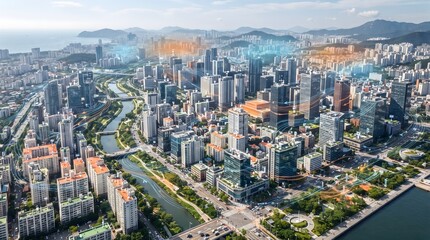 Obraz premium Modern smart city with digital data connectivity networks