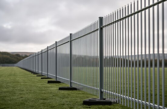 Long metal security fence stretching across a grassy field under a cloudy sky.