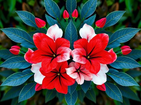 Symmetrical oval design featuring red and white flowers with blue leaves, simple, illustration