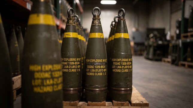 Artillery shells stored in a military warehouse facility with yellow markings