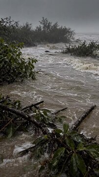 Raging River with Swirling Waters and Debris Surrounded by Lush Green Foliage Under Misty Atmosphere