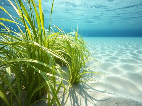 Wavy sea grasses sway in sunlight filtering down from above, illuminating a sandy ocean floor, wavy sea grasses, sea creatures