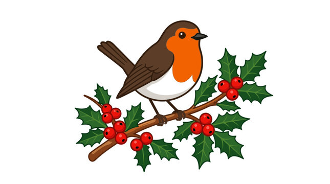 Cute Robin Bird Perched on Holly Branch
