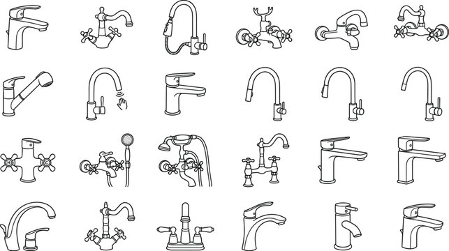 Water faucet tap linear outline icons set bathroom kitchen sink mixer shower plumbing fixture equipment vector collection