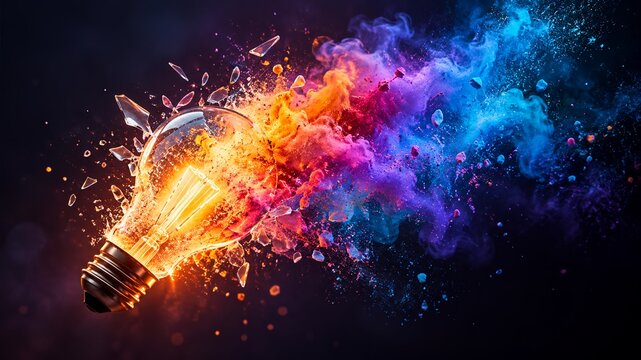 Exploding light bulb with colorful powder smoke burst creative idea inspiration concept