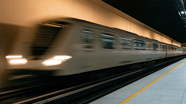 Modern Subway Train Speeding Through Underground Station Platform.