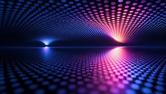 Abstract futuristic neon dot matrix grid background with glowing wavy perspective light