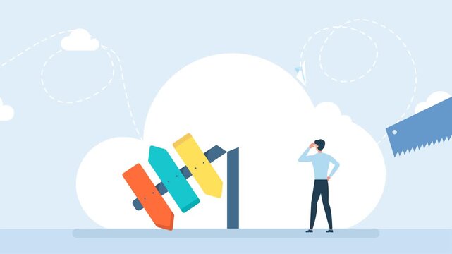 Entrepreneur chooses the path. A businessman is thinking near the direction indicator. A man cuts a direction sign, a pointer with a saw. Concept of confusion, no landmarks. 2d flat animation. Video