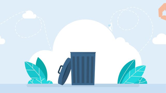 Spreading misinformation in mass media. Fake, propaganda. Propagandist liters human brain with fake news. Hand throwing a blue speech bubble in waste bin. Сensorship concept. 2d flat animation. Video