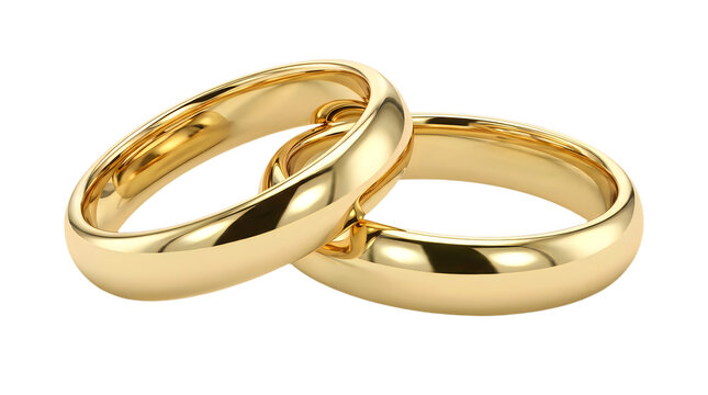 Two shiny gold wedding rings interlocked representing love and marriage commitment