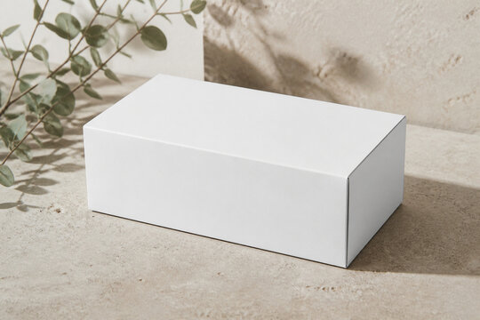 Plain white package box on stone with eucalyptus and shadow