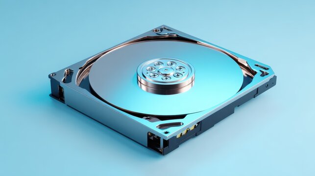 Close view of hard drive open platter on light blue background showing metal and circular structure in a tech setting