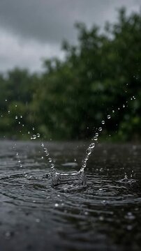 Raindrops Splashing on a Wet Surface with Lush Green Foliage in Background