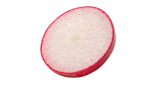 Single fresh cut round slice of pink radish root isolated on transparent background