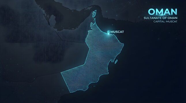 Digital map of Oman displayed with glowing blue neon dots and a bright location pin representing the capital city Muscat