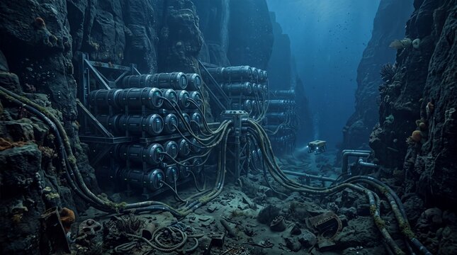 Underwater data center installation with server racks and cables deployed on transparent background