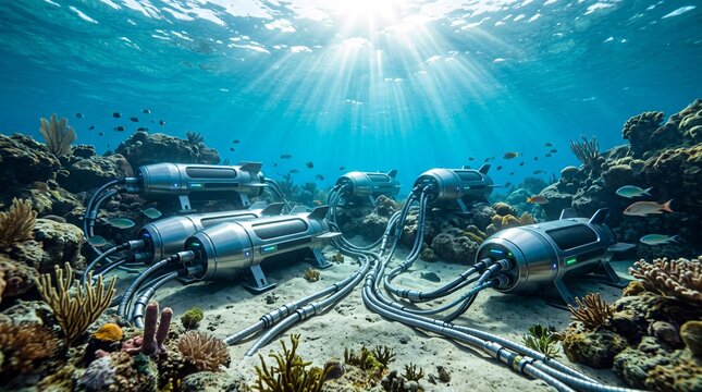 Futuristic underwater data center servers resting on a colorful ocean coral reef on transparent background