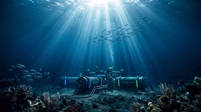 Underwater data center facility glowing on ocean floor surrounded by marine life on transparent background