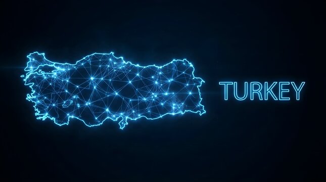Glowing digital map of Turkey constructed with luminous blue neon lines and interconnected data points on a dark abstract background