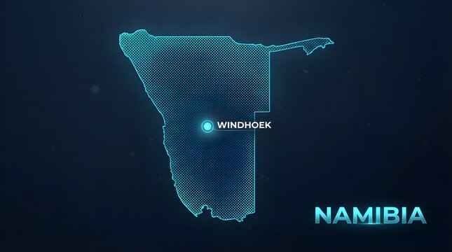 Detailed digital map of Namibia with glowing blue halftone dots and the capital city Windhoek marked on dark background