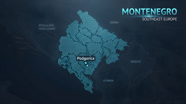 Montenegro map rendered in a bright glowing digital pixel style with Podgorica capital city highlighted on a dark blue background
