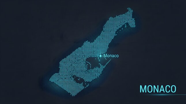Monaco country map illustrated with glowing digital cyan dots on a dark background showing precise location markers for navigation purposes