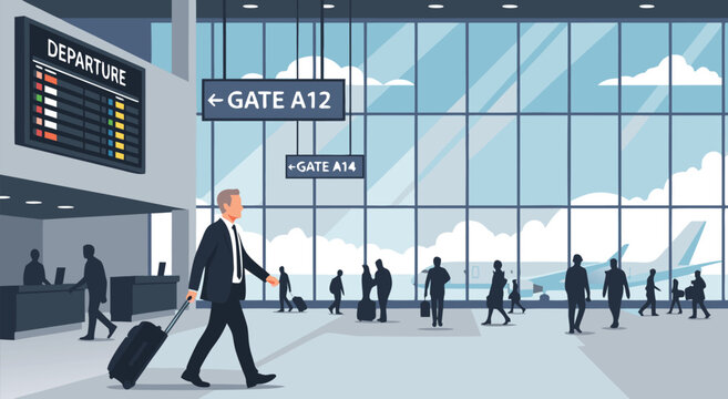 A business person walks through a modern airport terminal in this flat vector illustration depicting an international travel event.