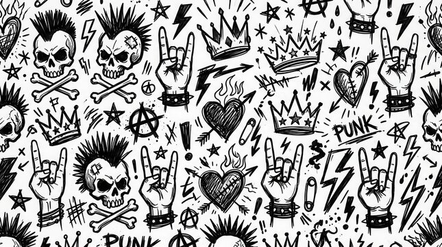 Seamless Punk Rock Pattern with Mohawk Skulls, Rock Hand Signs, Crowns, and Anarchy Symbols in Hand-Drawn Sketch Style