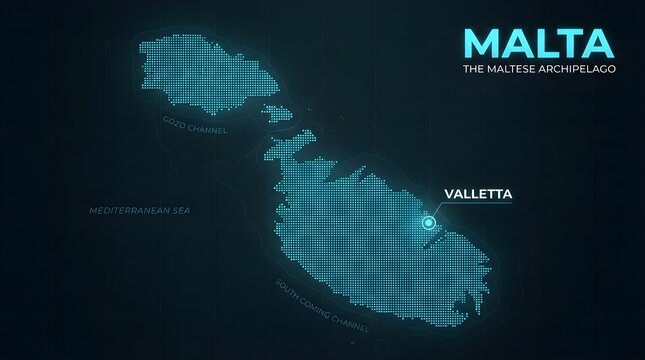 Malta digital map visualization featuring a glowing blue dotted design with highlighted Valletta location on dark background for geographical presentation