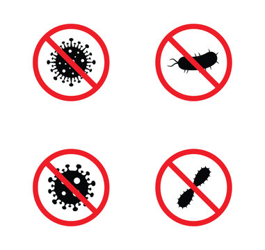 Set of four prohibition signs with viruses and bacteria symbols