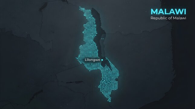 Malawi map illustration featuring glowing blue halftone dots on a dark background with the capital city marked by bright neon