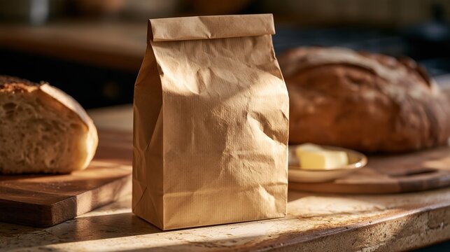 A kraft paper bag stands on a wooden surface surrounded by fresh bread loaves and butter in warm natural light. The scene evokes artisanal bakery and food packaging concepts.