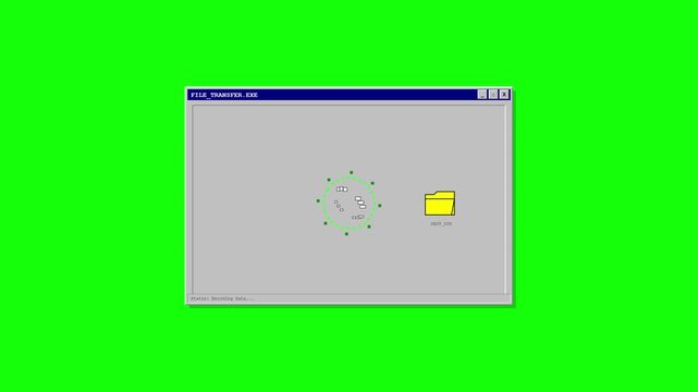 Retro computer file transfer animation on green screen background chroma key window copy paste loading icon.